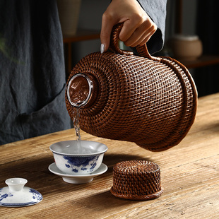 老式 藤编热水瓶怀旧竹编暖水壶复古保温开水瓶R民宿家用小玻璃内