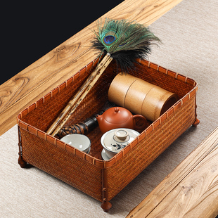 大漆竹T盒竹筐储物竹篮 家用桌面整理盒 日式 手工竹编大号收纳筐