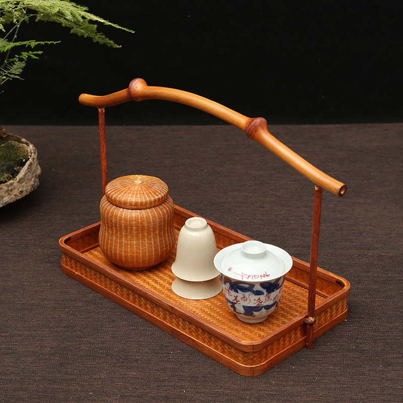 中式筇竹手工e竹编仿古手提茶盘长方形圆形大号水果盘茶点盘收纳