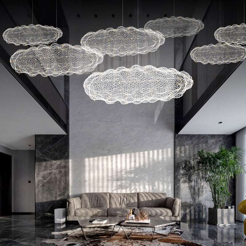 高级感餐厅渔网灯铁艺云朵灯手工编织铁丝网云创意个性云朵吊灯
