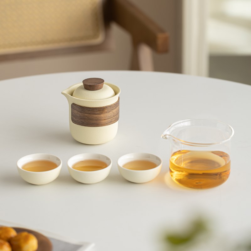 轻奢奶油风便携式l快客杯一壶三杯户外露营喝茶装备旅行茶具泡茶