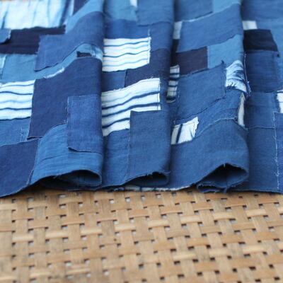 boro褴褛h蓝染拼布布料缝纫机缝制乞丐服复古做旧水洗棉麻布料