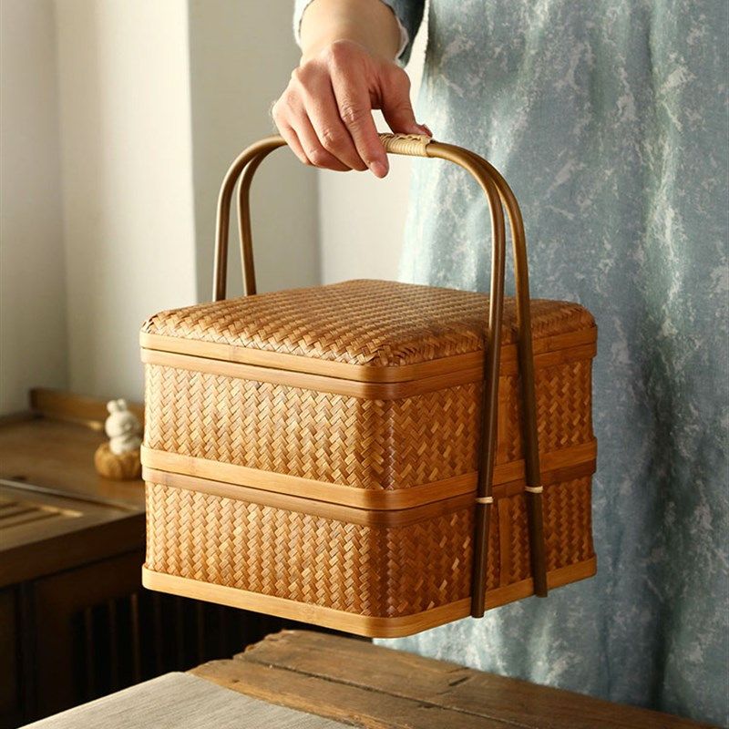 手工竹编大漆提篮中式q茶具收纳筐家用普洱茶盒点心篮带盖月饼礼