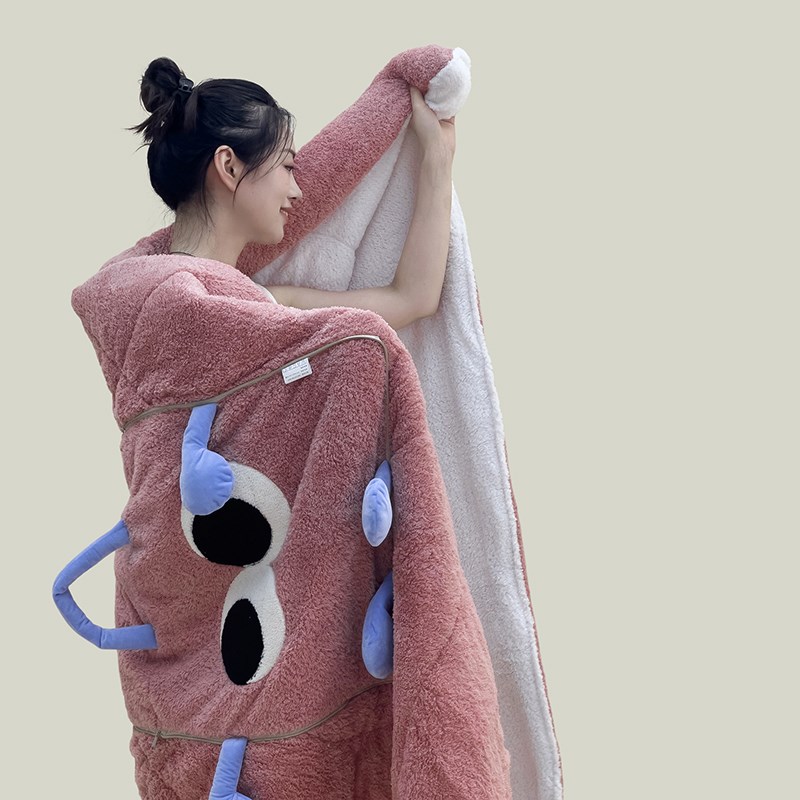 手拎加厚保暖可爱毛绒大眼抱枕被子两用I汽车载折叠办公室午休睡
