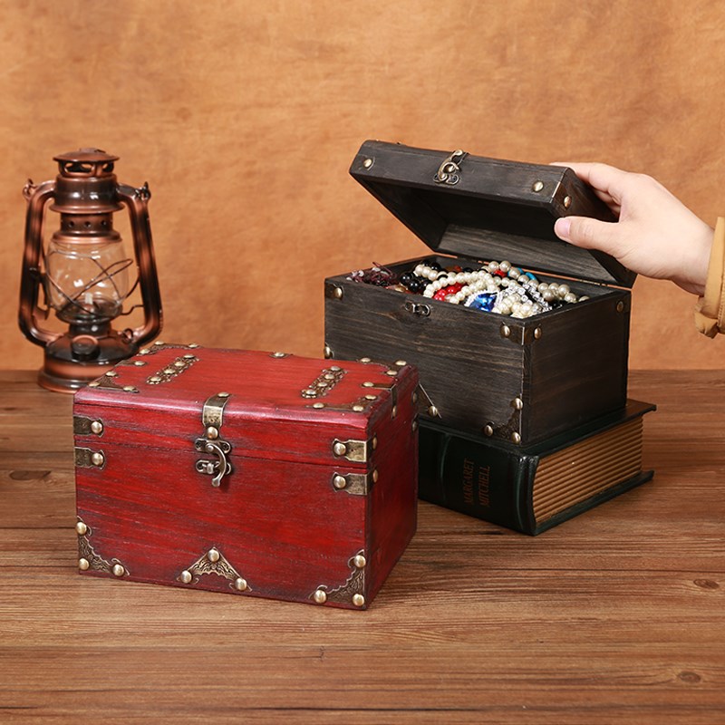 复古加厚实木收纳盒o子桌面杂物整理箱证件储物盒首饰盒拍摄道具