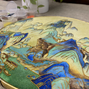 千里江山图景泰蓝掐丝珐琅画diyE手工材料包圆形青山绿水装饰画