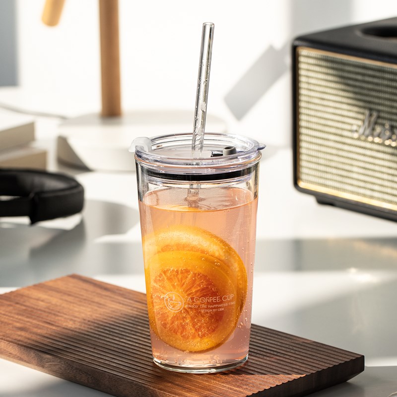 吸管杯耐高温玻璃杯冰美式咖啡杯女生夏季饮O料杯大人带盖喝水杯