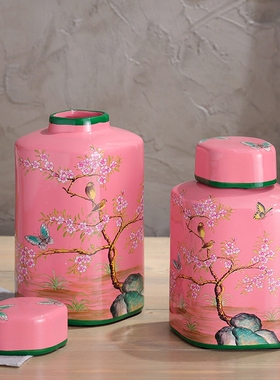 美式乡村花e鸟装饰陶瓷罐摆件家居饰品软装客厅电视柜玄关摆设圆