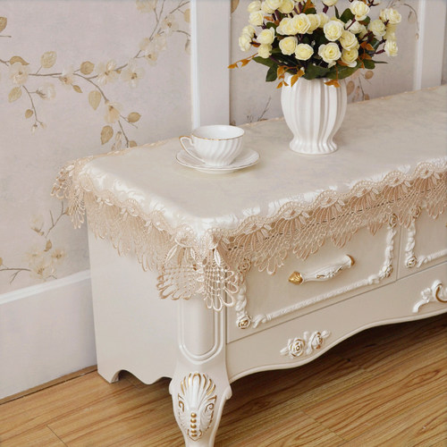 欧式茶几电视柜桌布蕾丝布艺长方形客厅美甲台布T梳妆台盖布带花
