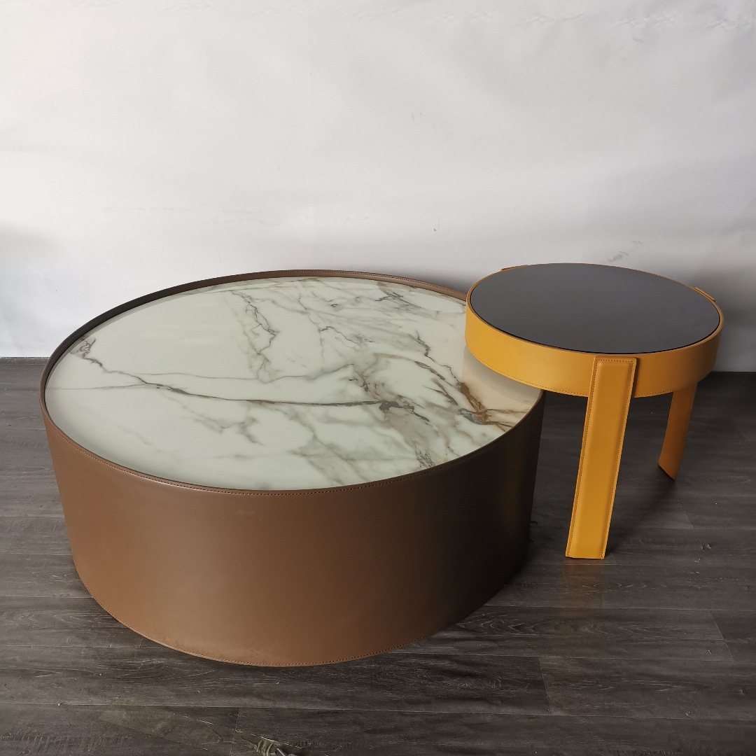 意式轻奢大理石圆茶几现代简约不锈钢客厅家具高低组合圆茶桌