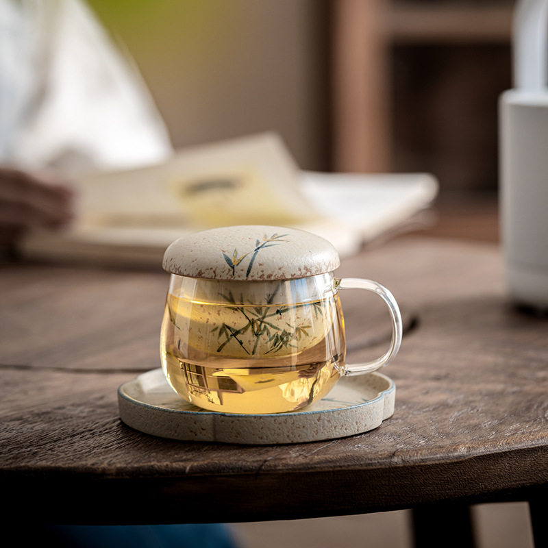 焦糖手绘金竹玻璃马克杯陶瓷家用泡茶杯茶水分离办公杯喝水杯滤茶