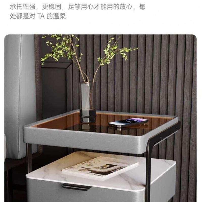 意式极简实木床头柜智能高级卧室铁艺轻奢岩板床边简约柜子现代风