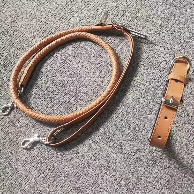 定制生产各种宠物项圈牵引绳套装人造革PU编制皮绳结实耐用狗绳