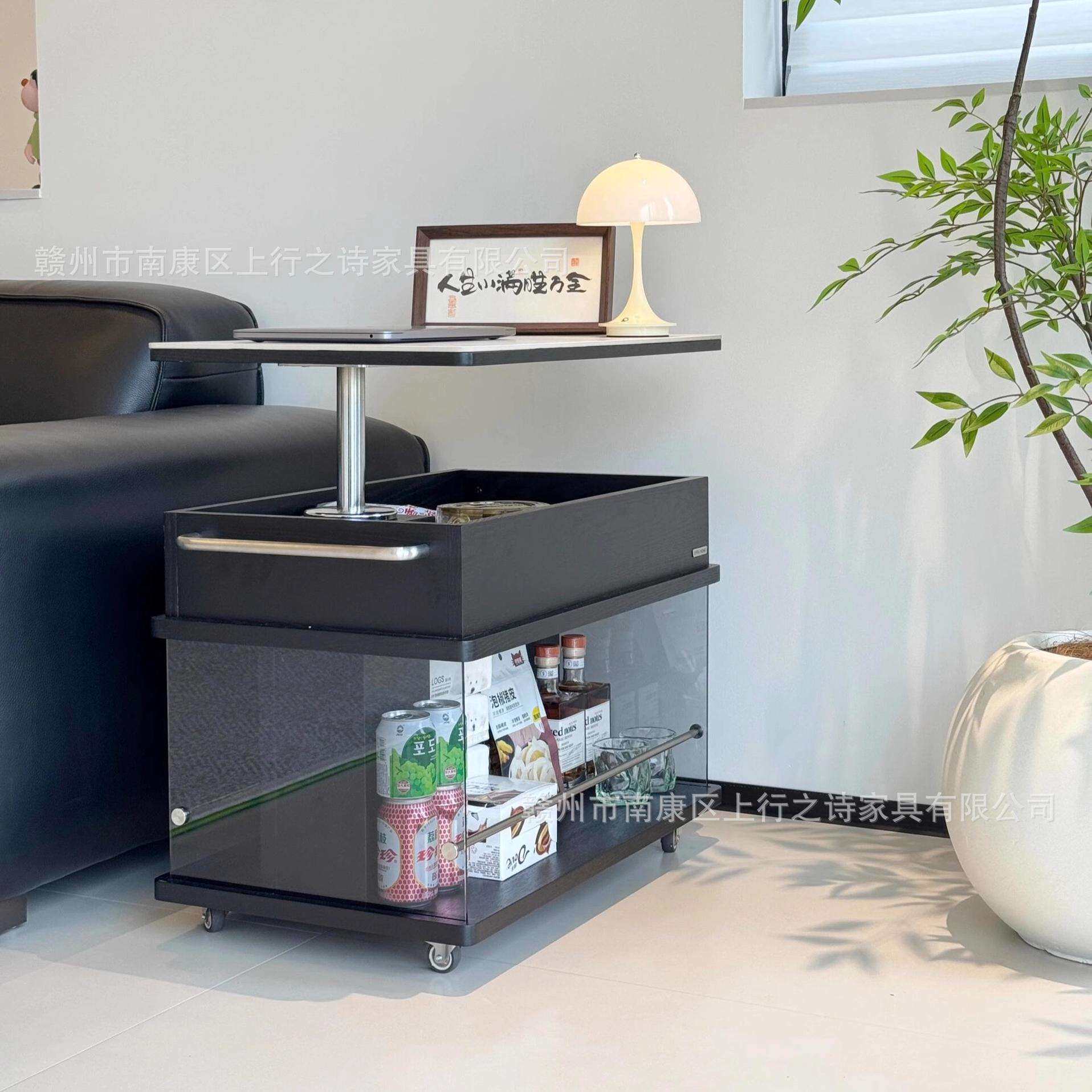 中古风实木茶几客厅高级感家用小户型升降移动边几沙发收纳置物架