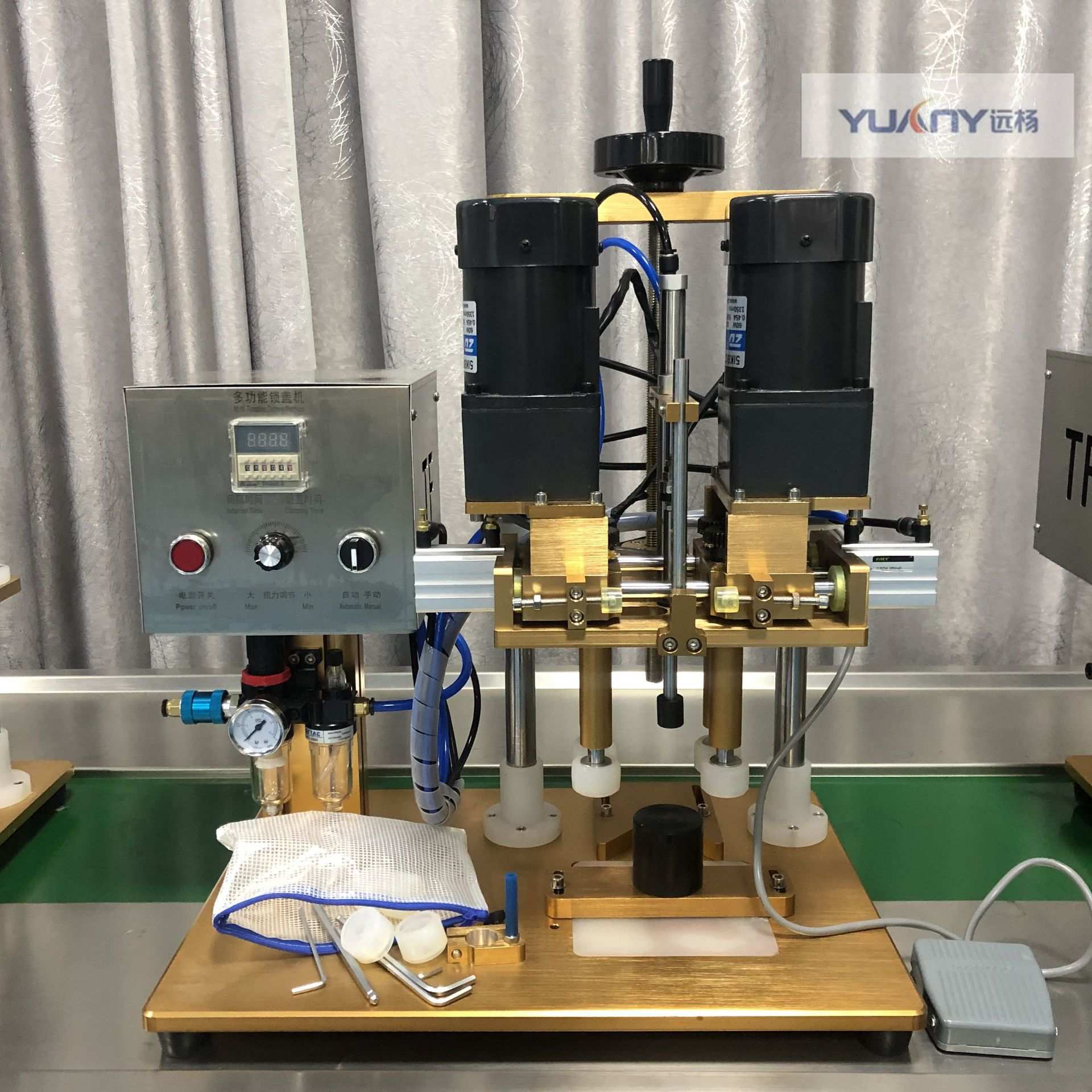 远杨塑料瓶玻璃瓶气动小型旋盖机桌面式不锈钢半自动旋盖机