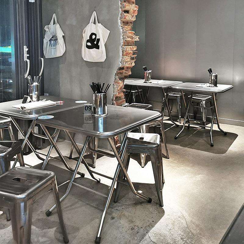 工业风咖啡馆小矮凳桌椅组合网红汉堡炸鸡店户外不锈钢折叠方桌子