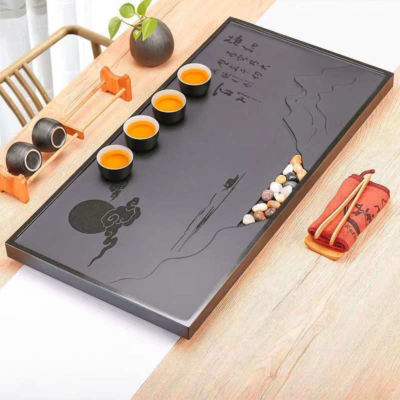 天然整块乌金石茶盘单盘现代家用石头一体石材茶台办公室简约茶海
