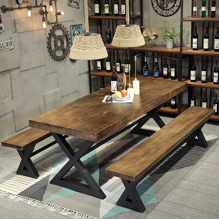 美式复古做旧餐厅铁艺餐桌 工作室洽谈咖啡桌长条实木餐桌椅组合