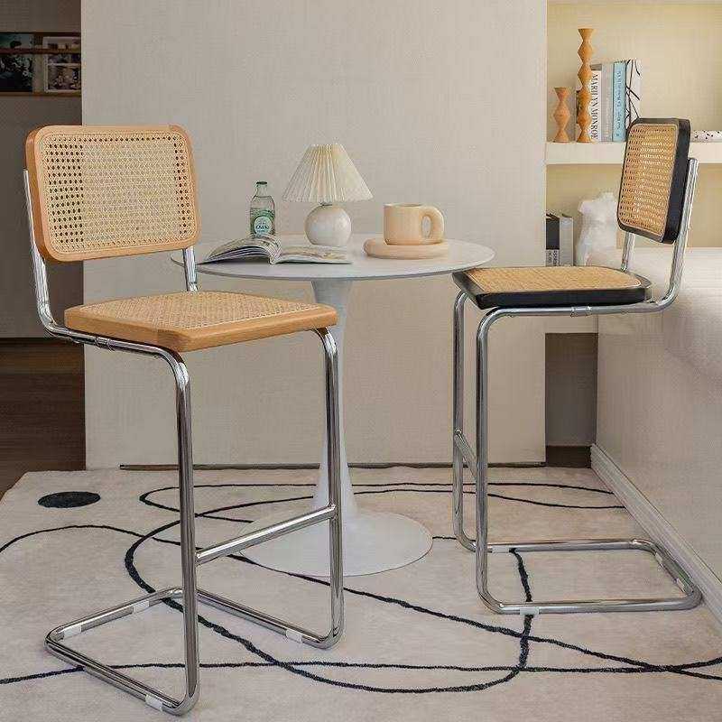 北欧实木藤编吧台椅家用高脚凳简约吧椅复古酒吧椅前台高椅子吧凳