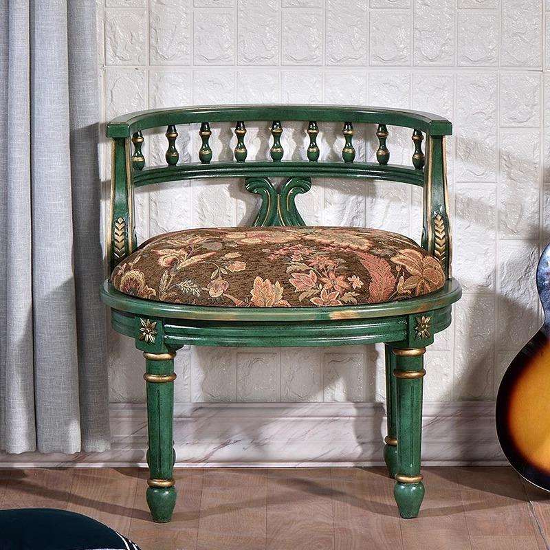 美式单人实木沙发椅阳台休闲椅复古绿欧式沙发椅围椅靠背椅梳妆凳