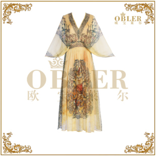 【欧宝莱尔】鎏金重工钉珠宫廷花卉桑蚕丝仙气长裙306-S-26220-2