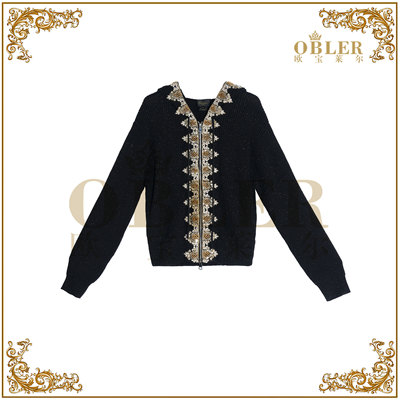 【欧宝莱尔】早秋新款银线针织手工钉珠连帽开衫外套902-A-2501