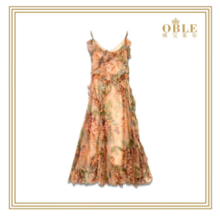 【欧宝莱尔】2025早春新款烂花斜裁植绒荡领吊带连衣裙305-25155-