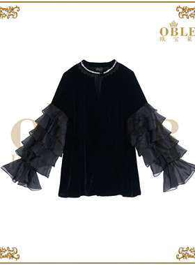 【欧宝莱尔】新款拼接多层荷叶边袖子丝绒长袖上衣305-A-25683