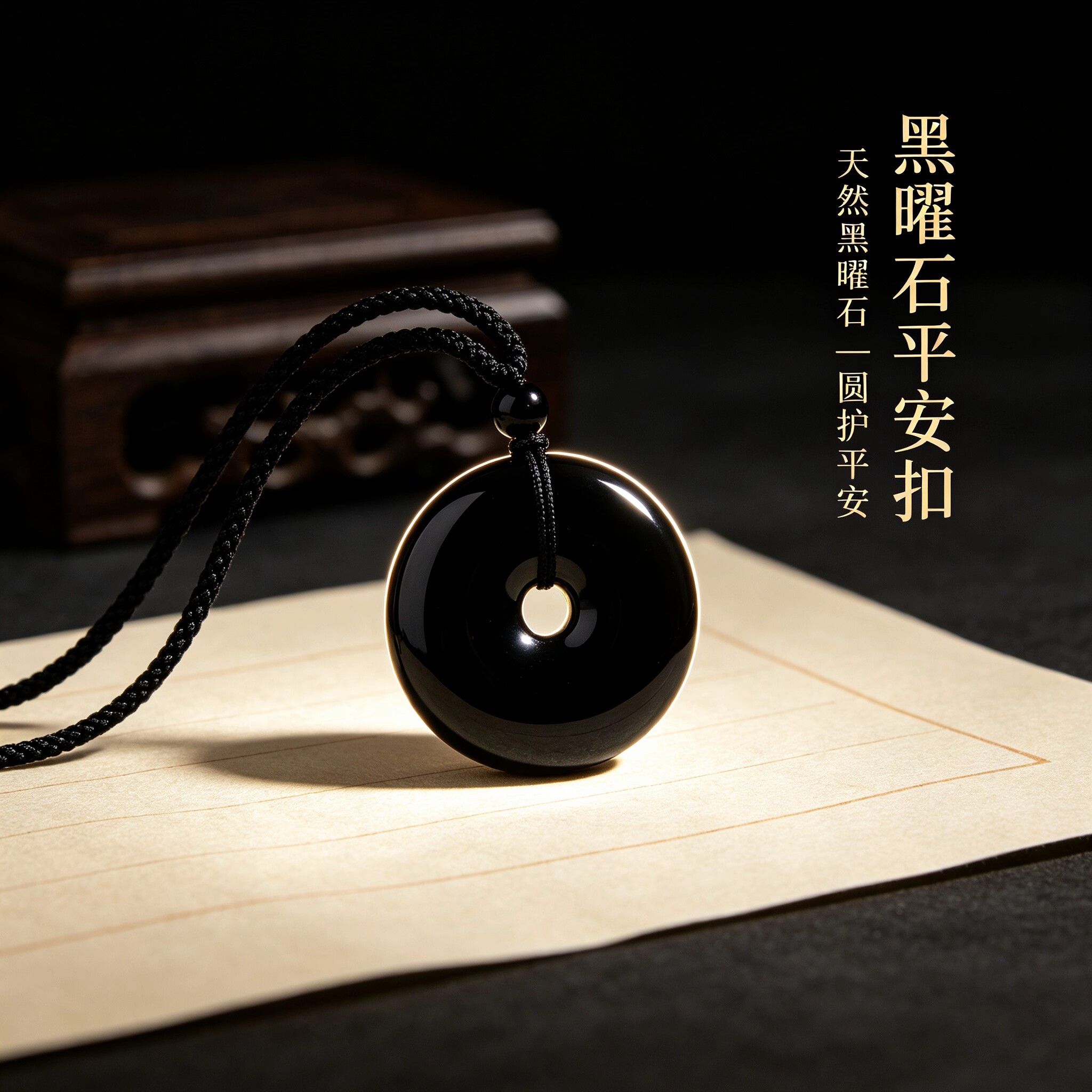 天然黑曜石平安扣吊坠男女情侣款招财转运男士项链本命年生日礼物