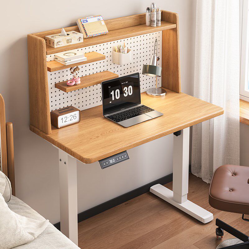 升降电脑桌小户型家用学习写字桌实木书桌书架一体课桌电动升降桌