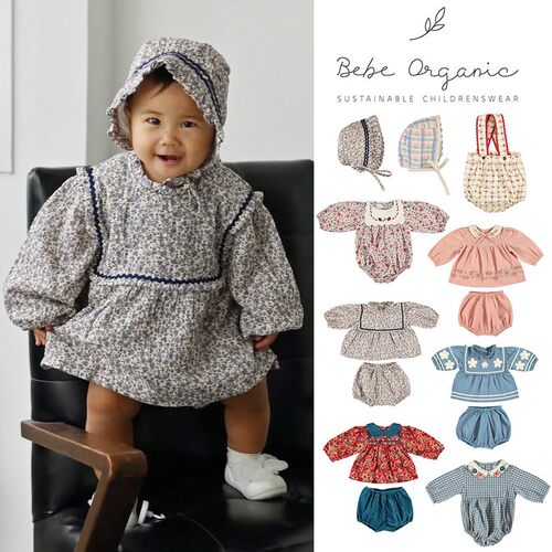 3件5折 bebe organic FW25女宝宝包屁衣上衣花苞裤套装帽子