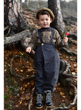 3件5折 意大利Hello lupo FW22秋冬中性儿童翻领衬衣背带裤