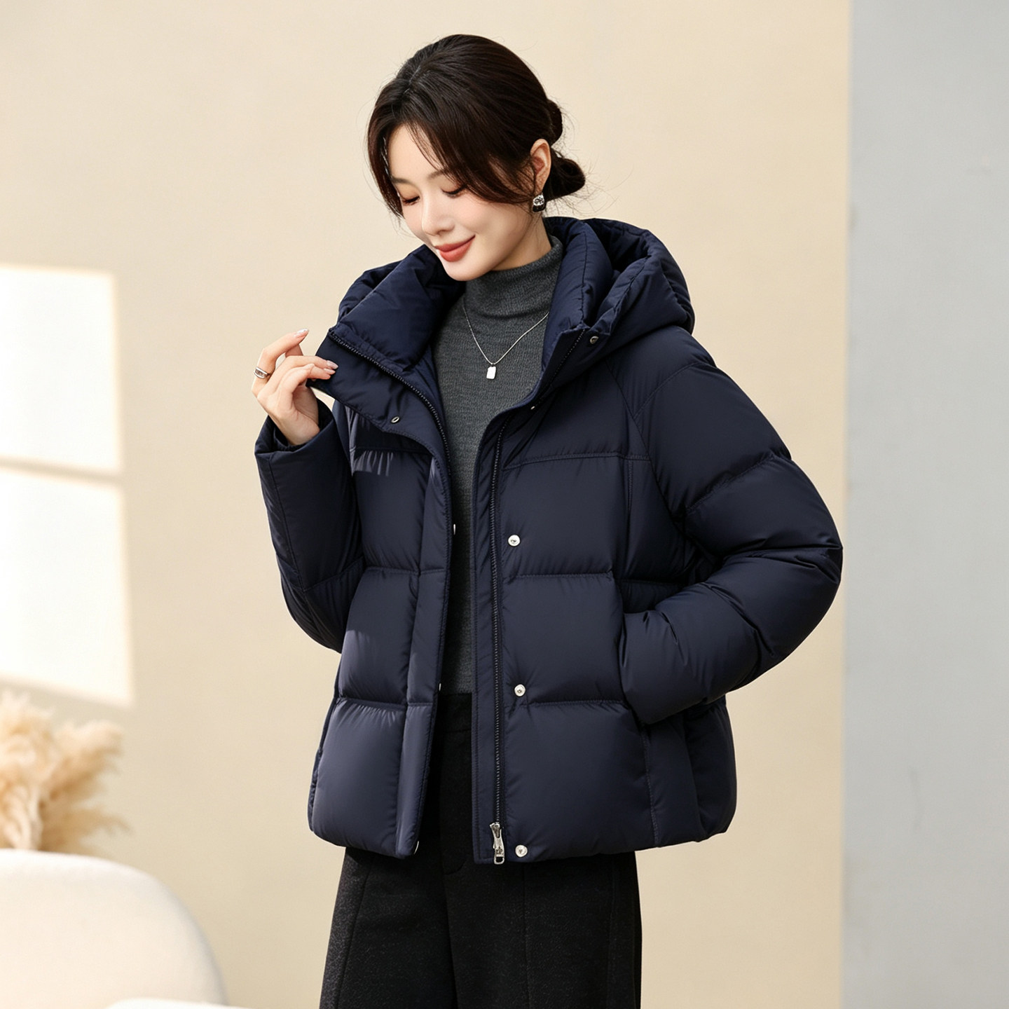 雪中飞2026年新款冬季防风连帽修身百搭短款妈妈装保暖羽绒服外套