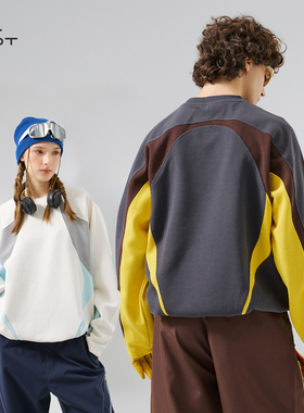 OFOT日系复古哈苏线拼色圆领套头卫衣男女宽松运动上衣打底衫外套