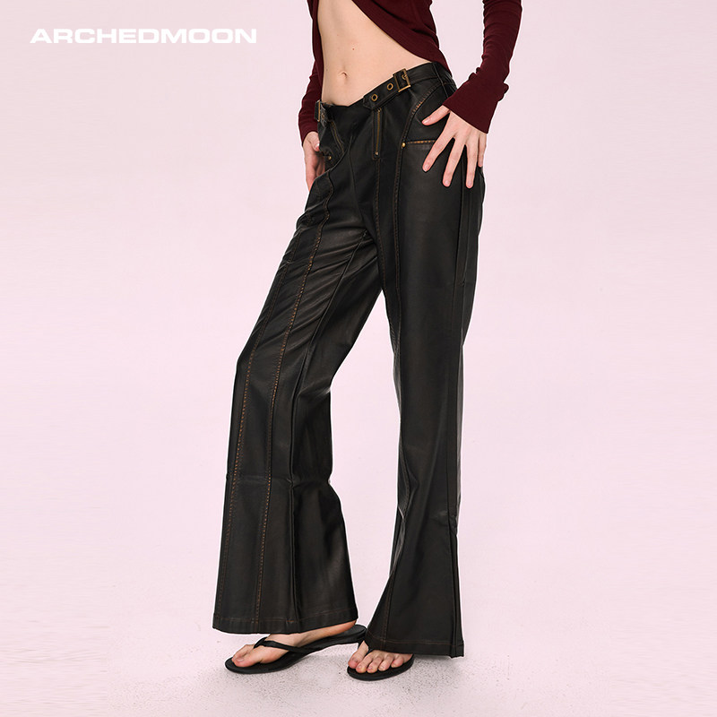 ARCHEDMOON黑色低腰微喇pu皮裤女秋新款小众设计感做旧休闲长裤子,女装/女士精品,休闲裤,淘宝优惠券,粉丝福利购,淘宝优惠卷