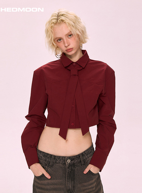 ARCHEDMOON红色短款长袖衬衫内搭2025秋新款辣妹设计感小众上衣女