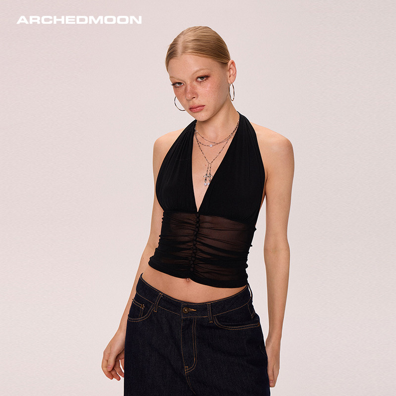 ARCHEDMOON黑色网纱挂脖吊带背心女夏外穿辣妹设计感小众无袖上衣
