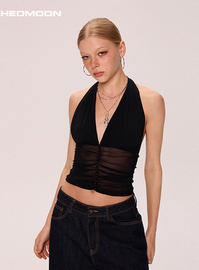 ARCHEDMOON黑色网纱挂脖吊带背心女夏外穿辣妹设计感小众无袖上衣