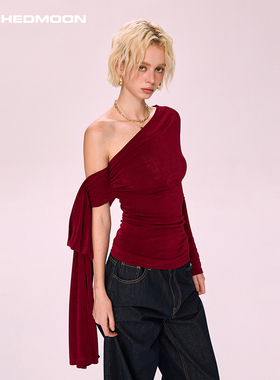 ARCHEDMOON 红色露肩气质针织衫打底女秋季设计感小众长袖t恤上衣