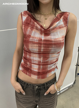 ARCHEDMOON 01/31 红色格子荡领辣妹修身无袖上衣女夏背心t恤内搭