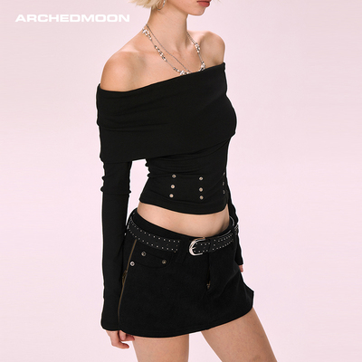 ARCHEDMOON黑色一字肩长袖t恤秋