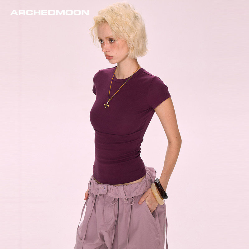 ARCHEDMOON 紫色圆领正肩短袖t恤内搭针织打底衫女秋修身短款上衣,女装/女士精品,T恤,淘宝优惠券,粉丝福利购,淘宝优惠卷