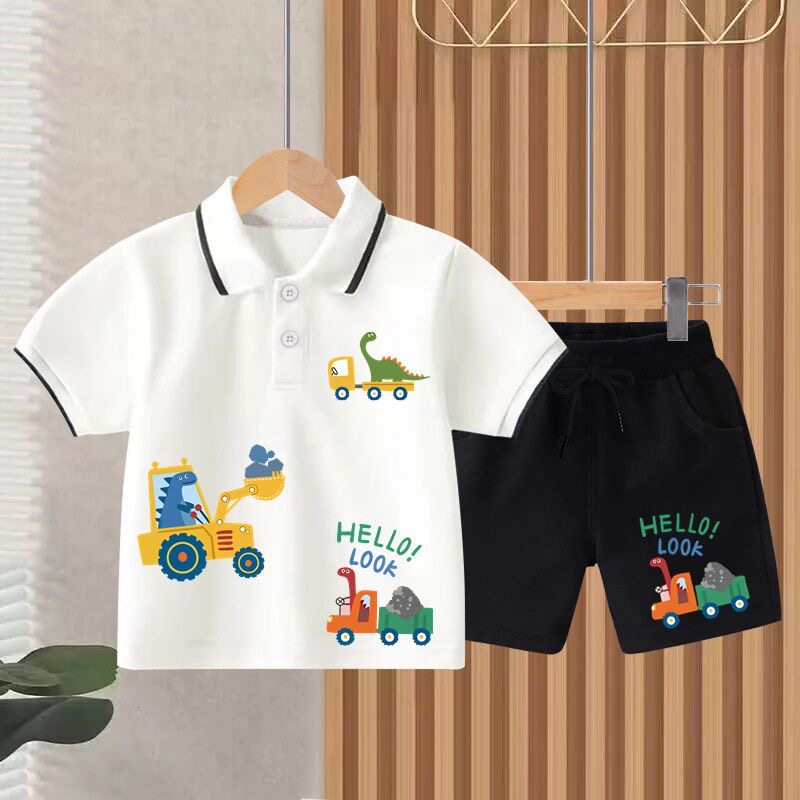 正品亲子男童拼色卡通挖掘机套装2026新款中小学生夏季纯棉两件套