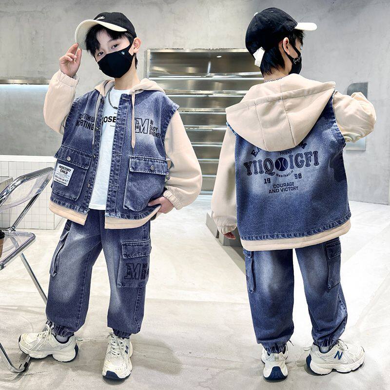 正品亲子男童牛仔套装2026韩版春秋新款中大童休闲爆款男孩洋气拼
