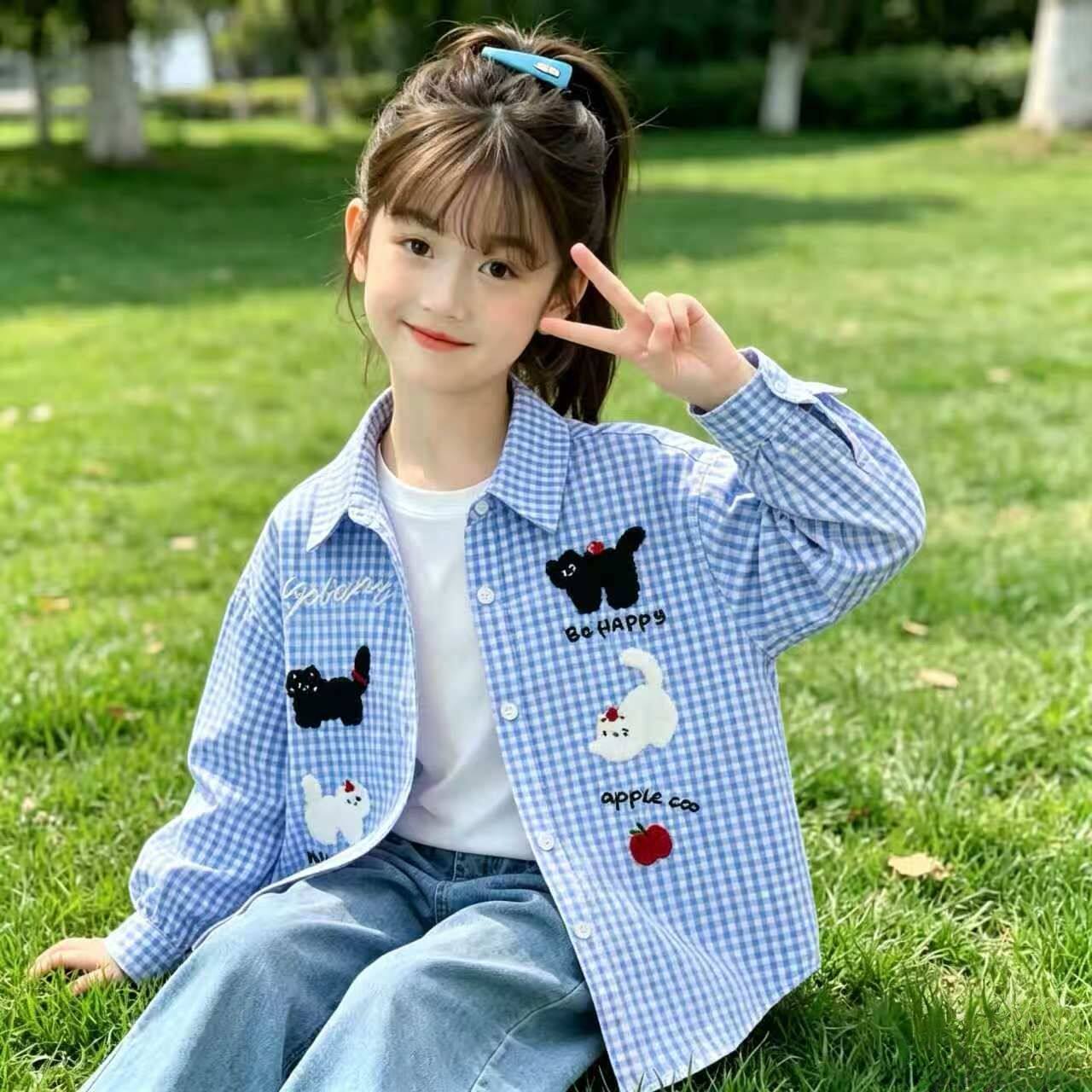 猫咪图案儿童衬衫长袖男童女童格纹2026春季新款上衣童装小学生潮