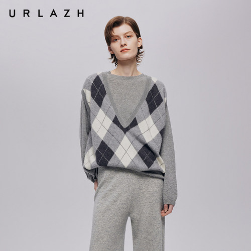 有兰复古时尚拼色两件套毛衣