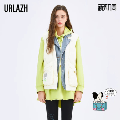 urlazh/有兰牛仔拼接羽绒背心