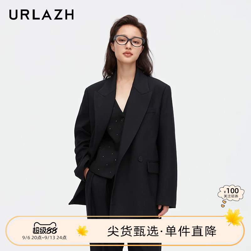URLAZH有兰新款黑色休闲宽松刺绣西装外套女IM3SU06