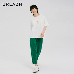 女 URLAZH有兰夏季 新款 时尚 绿色简约百搭宽松运动松紧腰八分休闲裤