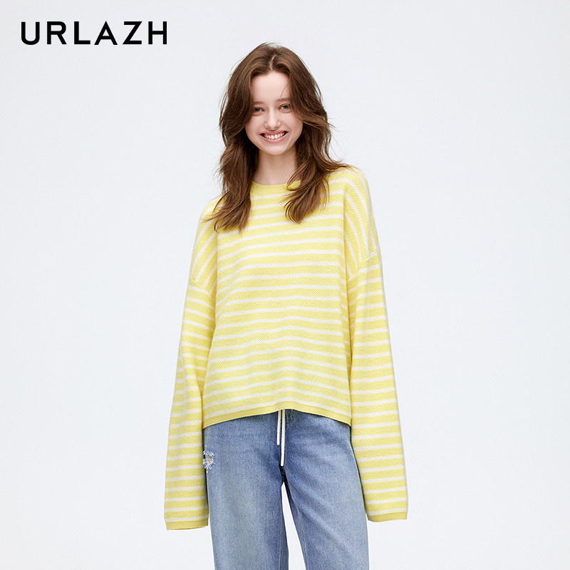 URLAZH有兰新款奶黄条纹羊绒慵懒宽松针织毛衣女